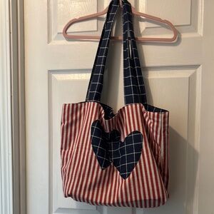 Striped Red and Blue Heart Tote Bag
